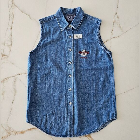 NEW Hard Rock Cafe Sleeveless Denim Shirt Button Front Sz L CHICAGO - Picture 2 of 14